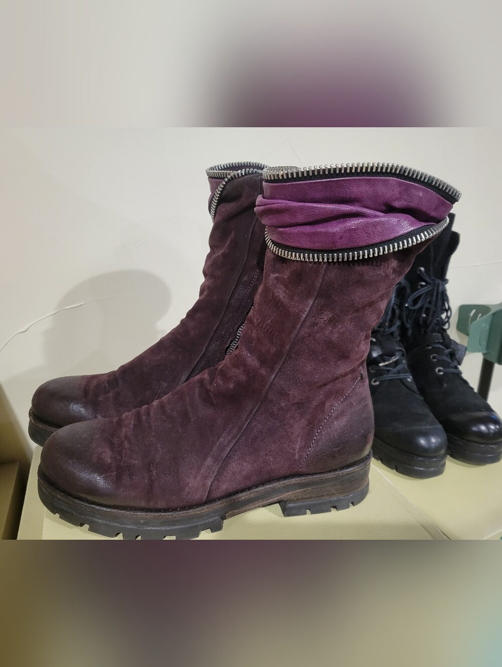A.S.98 Women's Purple Zip-Trim Mid-Calf Biker Boots 40